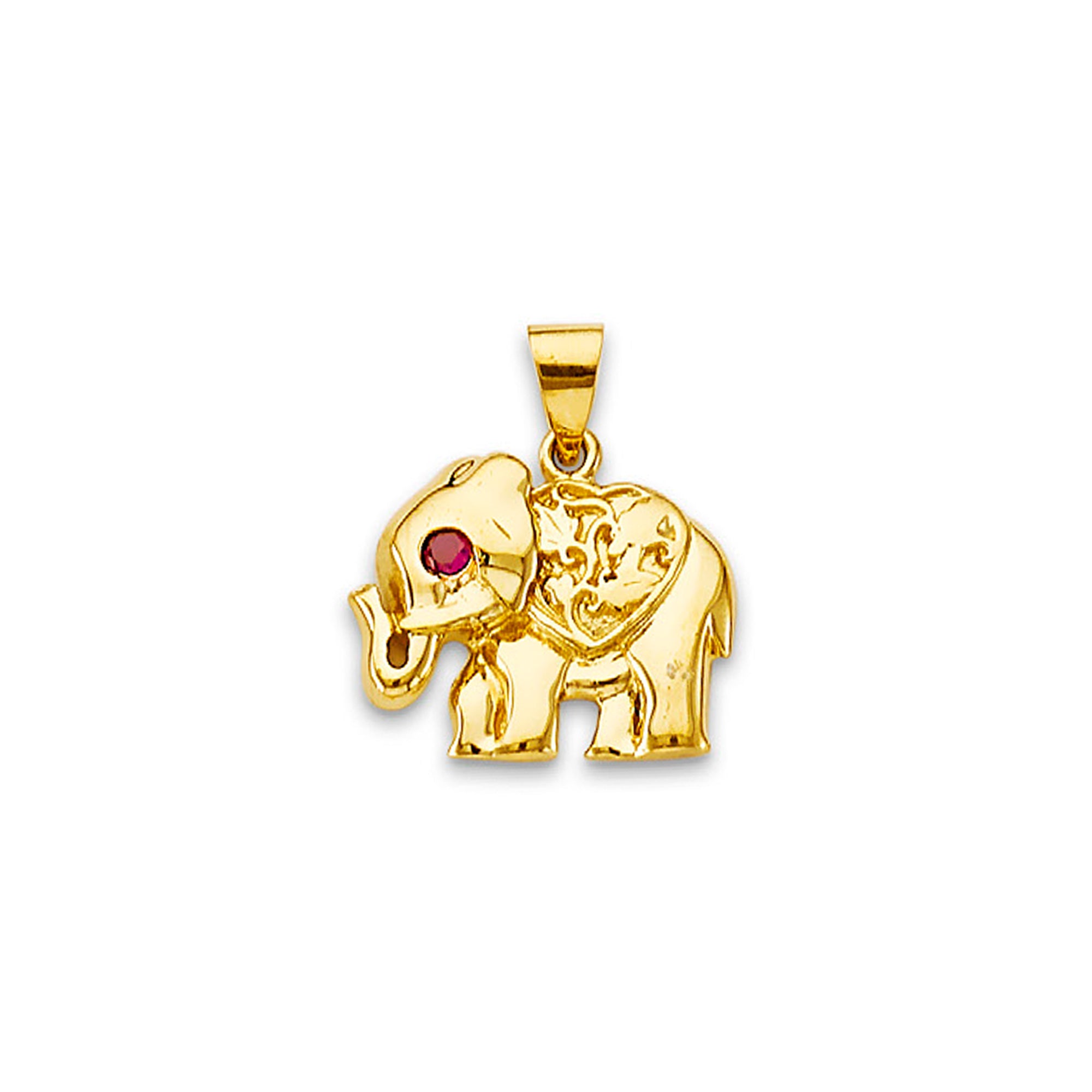 Yellow Gold Round Red CZ Ruby Elephant Charm Pendant