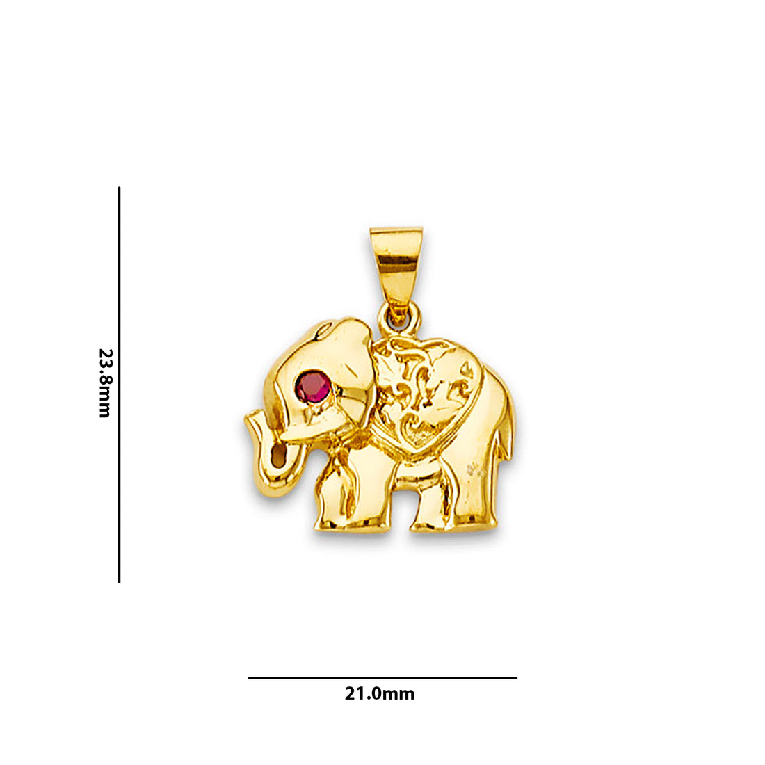 Yellow Gold Round Red CZ Ruby Elephant Charm Pendant with Measurement