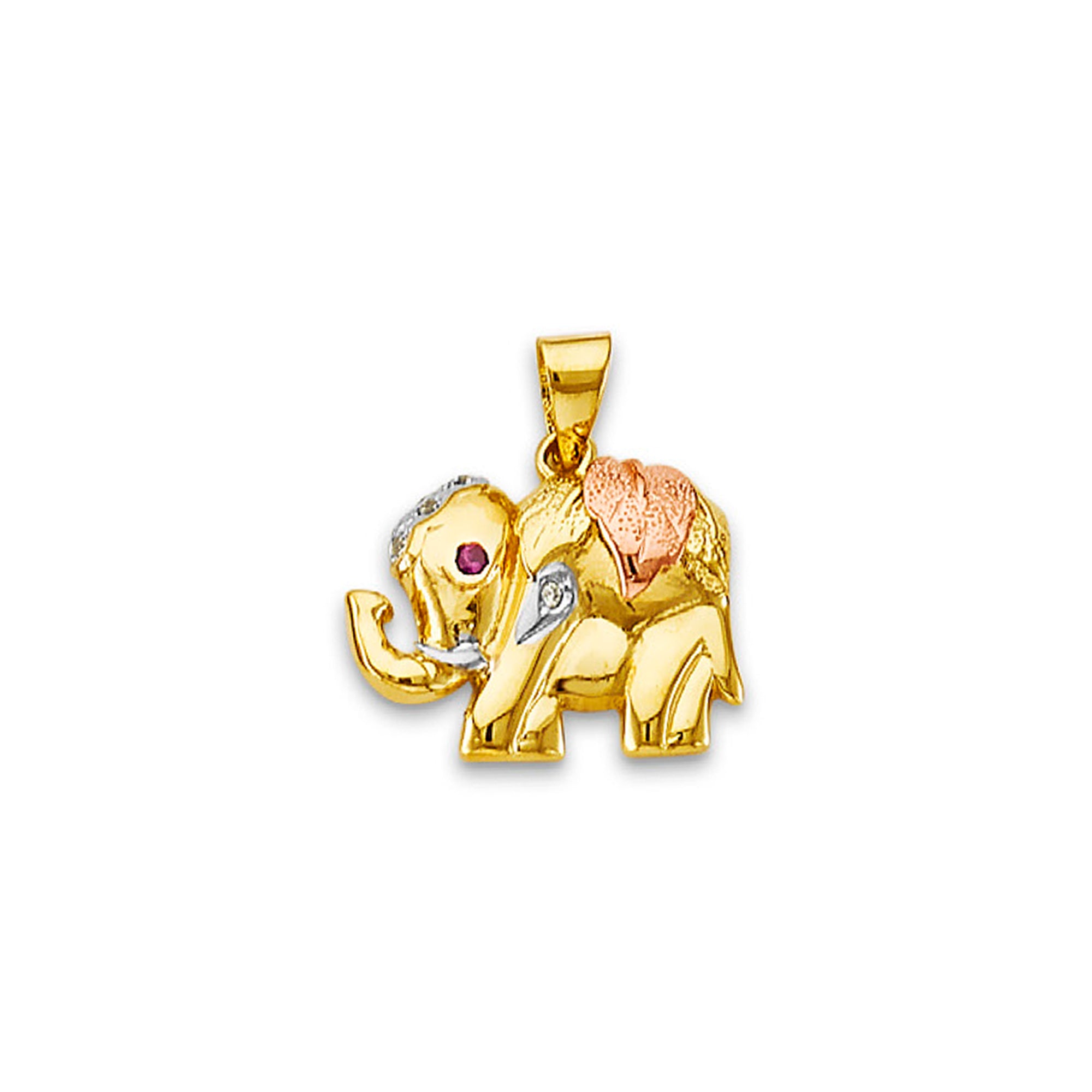 Tri Tone Gold Round Red CZ Elephant Lucky Charm Pendant