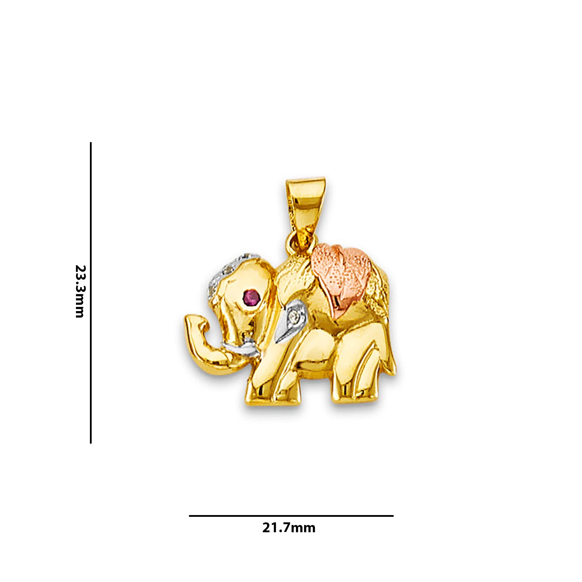 Tri Tone Gold Round Red CZ Elephant Lucky Charm Pendant with Measurement