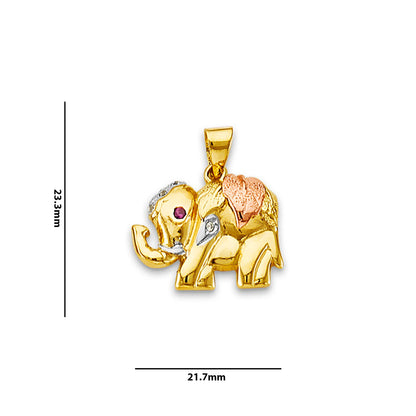 Tri Tone Gold Round Red CZ Elephant Lucky Charm Pendant with Measurement