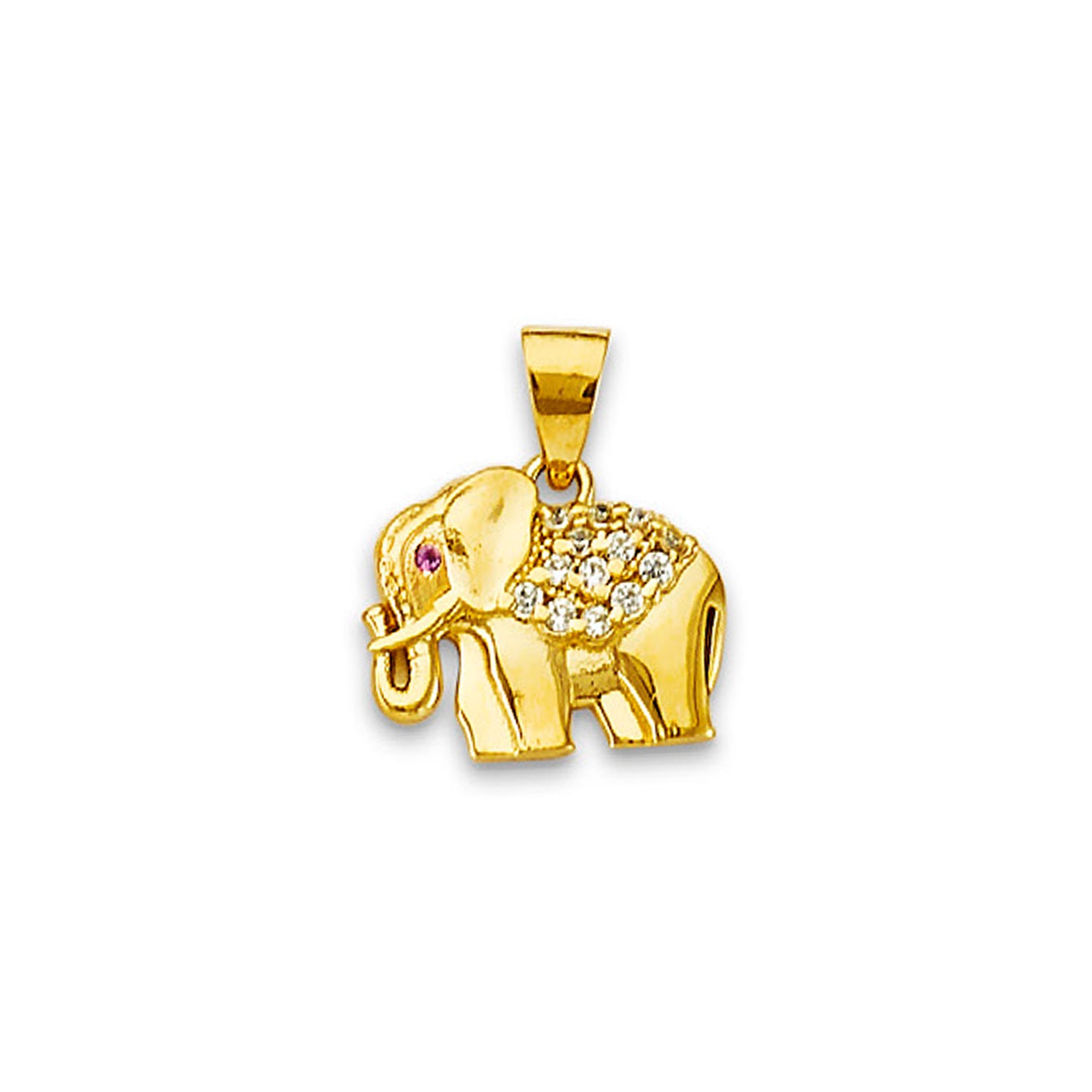 Yellow Gold Round Pink CZ Elephant Charm Pendant