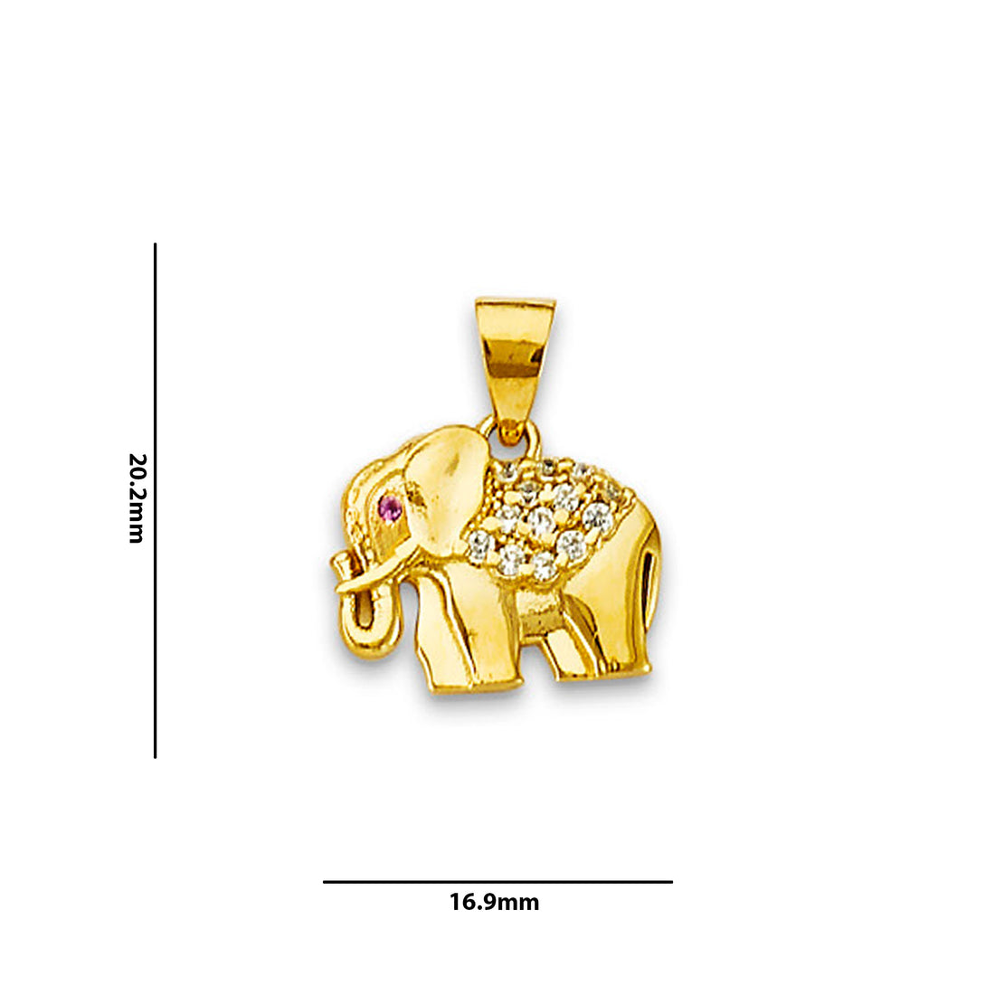 Yellow Gold Round Pink CZ Elephant Charm Pendant with Measurement