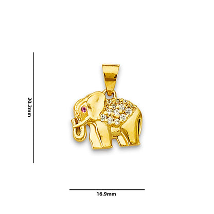 Yellow Gold Round Pink CZ Elephant Charm Pendant with Measurement