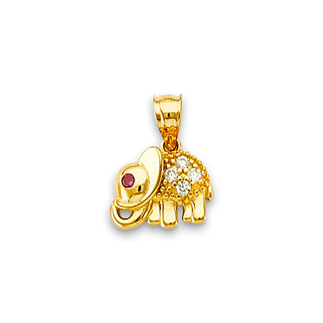 Yellow Gold Round Red CZ Elephant Charm Pendant