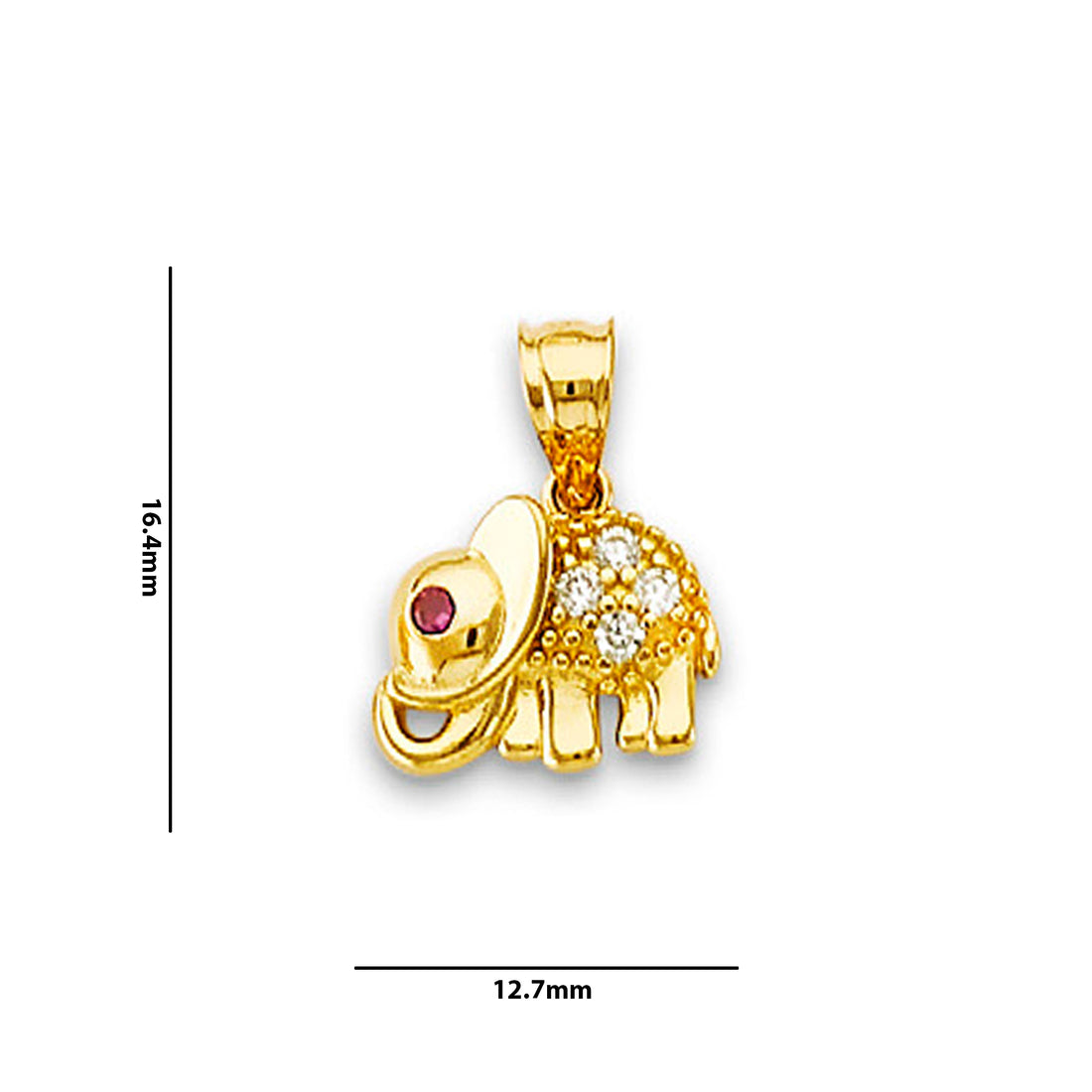 Yellow Gold Round Red CZ Elephant Charm Pendant with Measurement