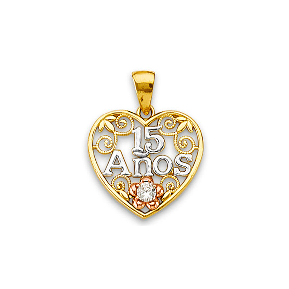 Tri Tone Gold Round CZ 15 Años Floral Filigree Heart Pendant