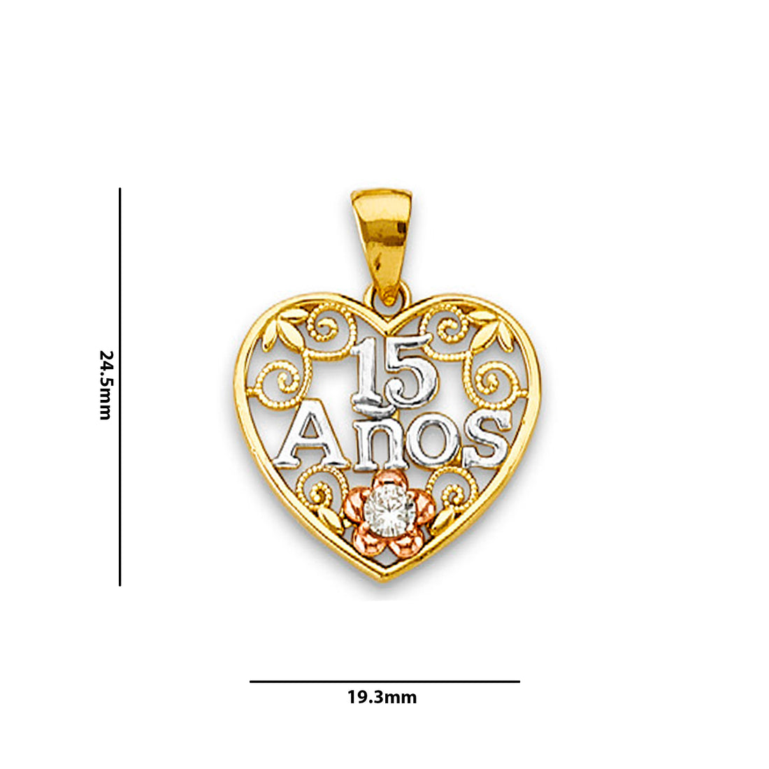 Tri Tone Gold Round CZ 15 Años Floral Filigree Heart Pendant with Measurement