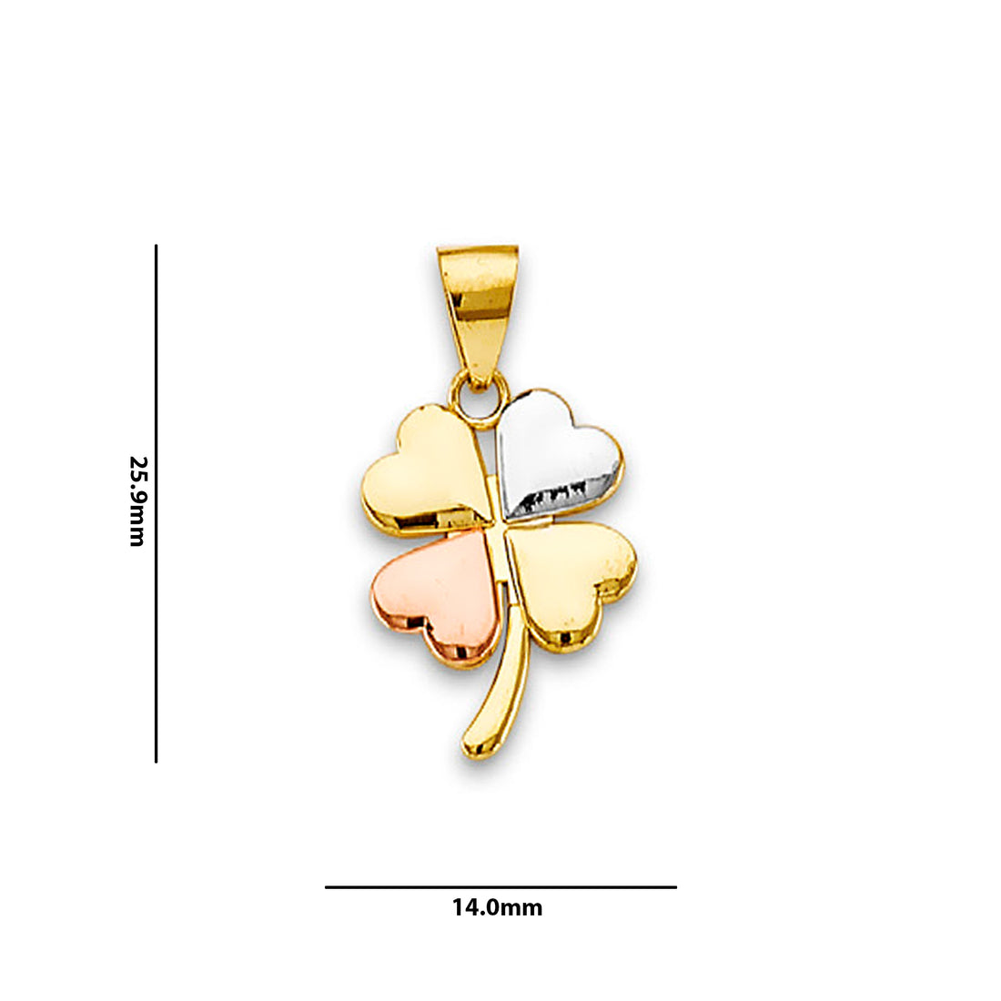 Tri Tone Gold Lucky Charm Clover Leaf Pendant with Measurement