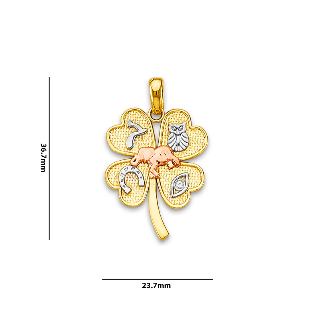 Tri Tone Gold Good Luck Charm Clover Leaf Pendant with Measurement