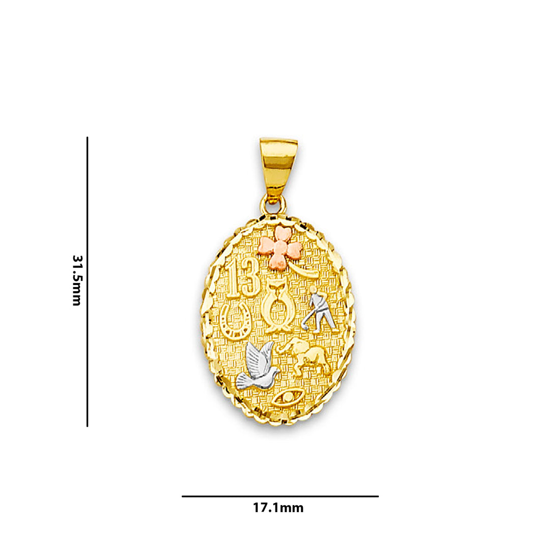 Tri Tone Gold Oval Lucky Charm Pendant with Measurement