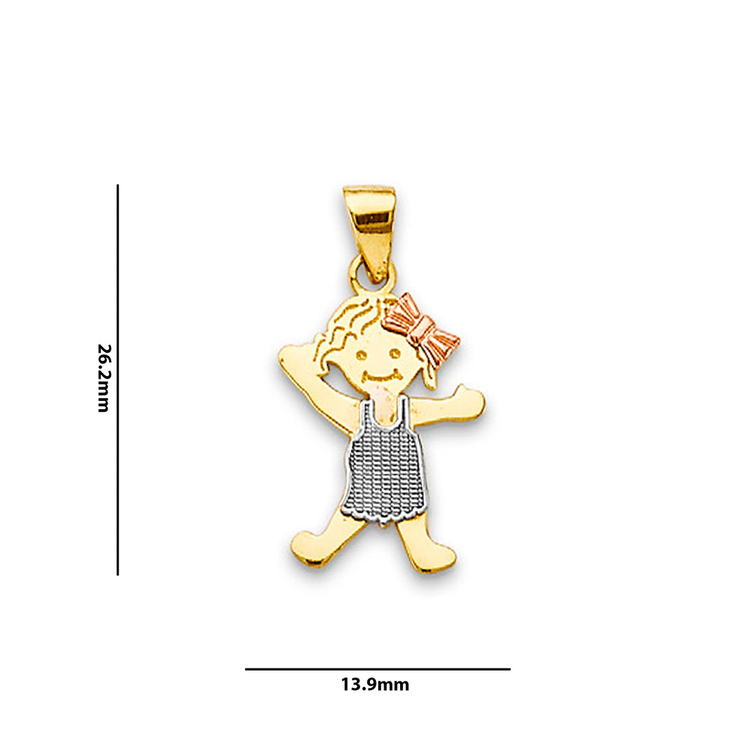 Tri Tone Gold Bow Toddler Girl Charm Pendant  with Measurement