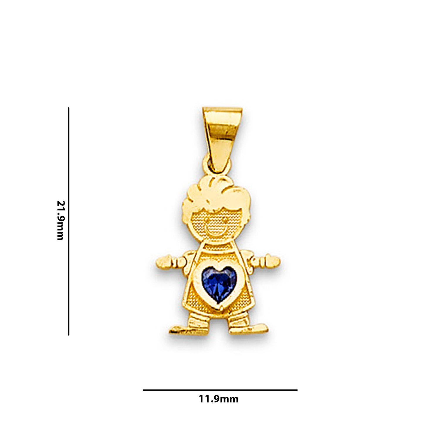 Yellow Gold Little Boy Heart Blue CZ Charm Pendant with Measurement