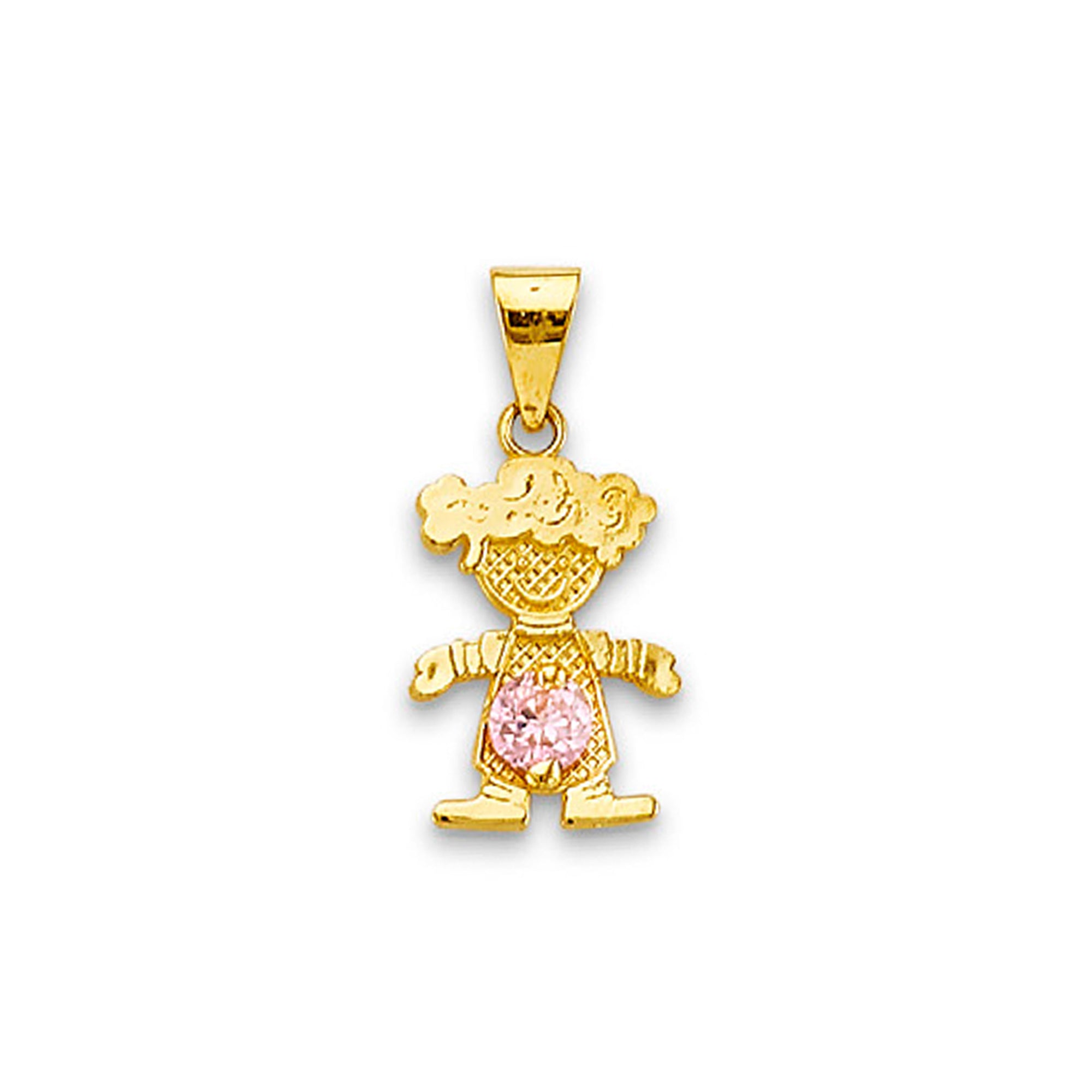 Yellow Gold Round Pink CZ Small Girl Charm Pendant