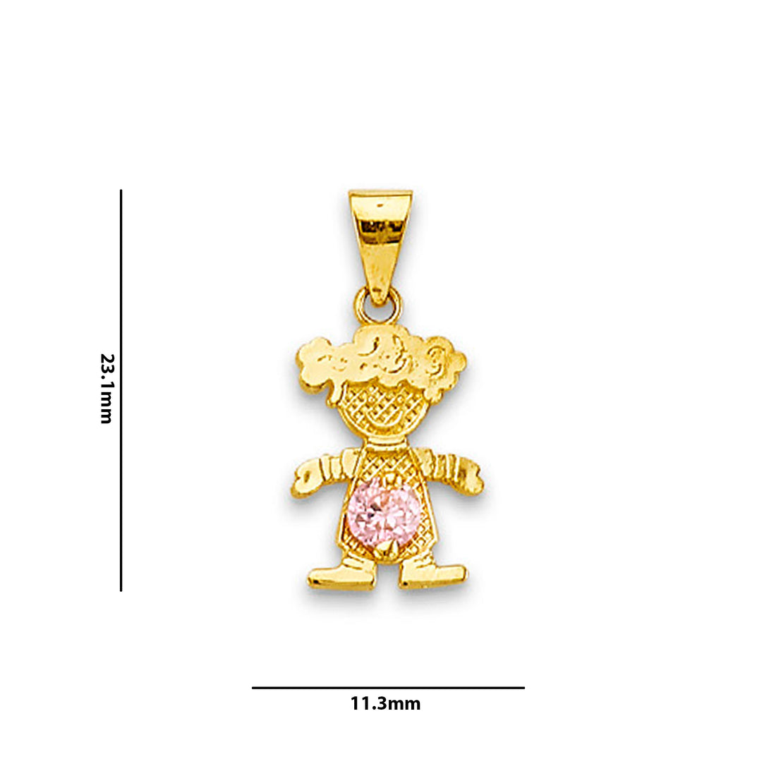 Yellow Gold Round Pink CZ Small Girl Charm Pendant with Measurement