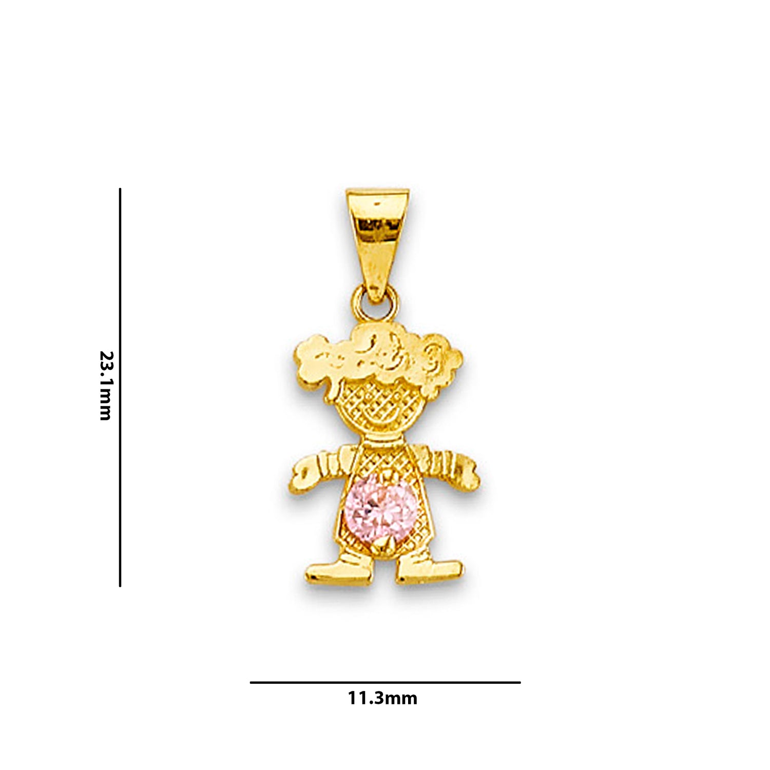 Yellow Gold Round Pink CZ Small Girl Charm Pendant with Measurement