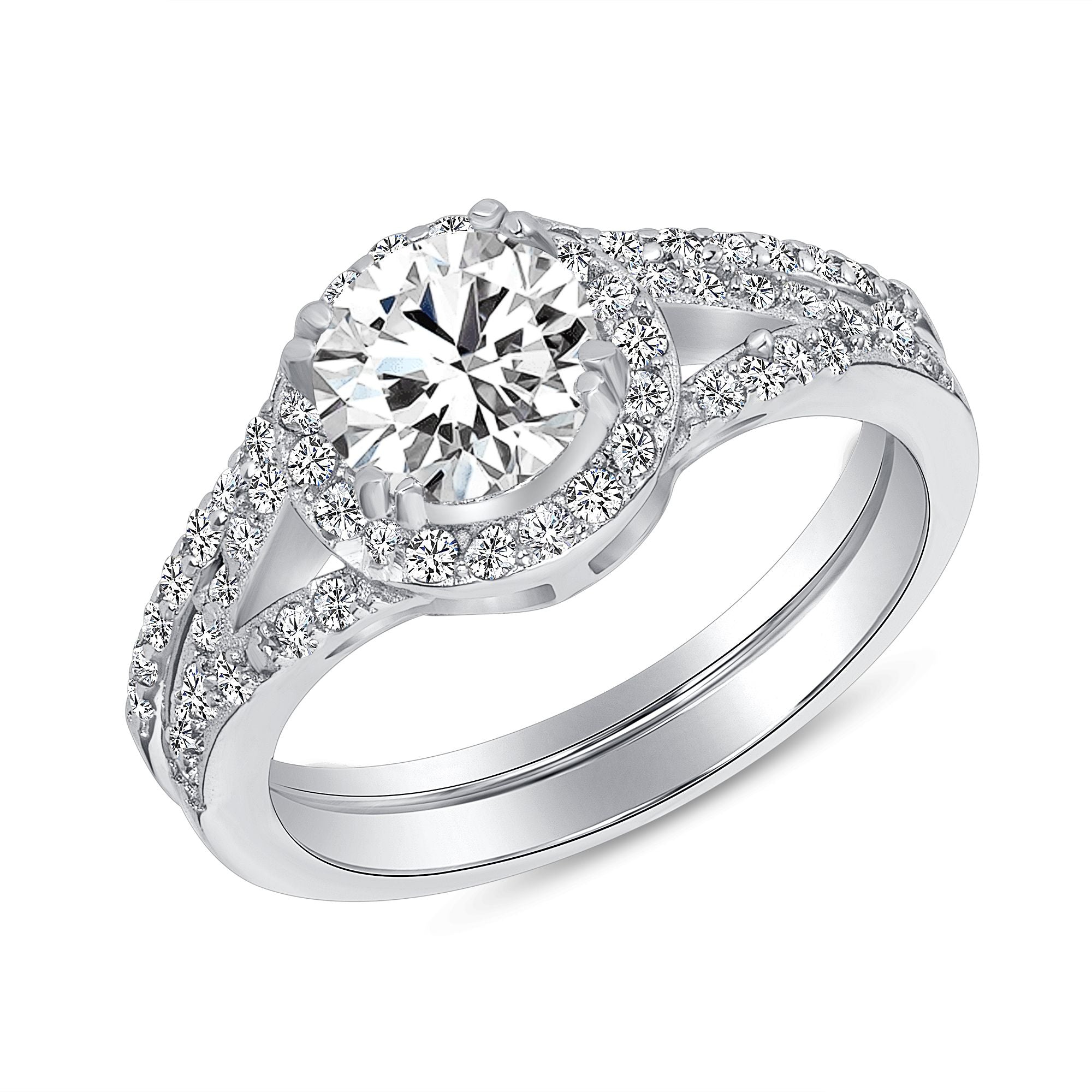 925 Sterling Silver Round CZ with Halo &amp; Pavé Split Band Women&