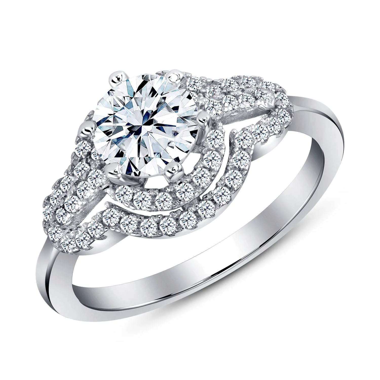 925 Sterling Silver Double Halo Pavé Round CZ Engagement Ring