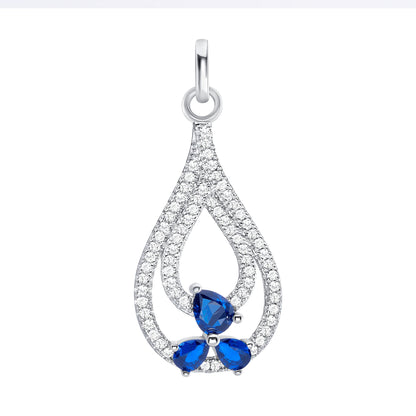 925 Sterling Silver Pear Cut Blue CZ Flowers on Pavé CZ Loops Teardrop Pendant &amp; Earrings Jewelry Set