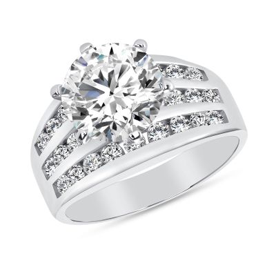 925 Sterling Silver Round Cut CZ Channel Set Three Row Engagement Ring