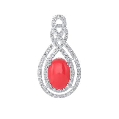 925 Sterling Silver Oval Coral in Double Outline CZ &amp; Milgrain Teardrop Pendant