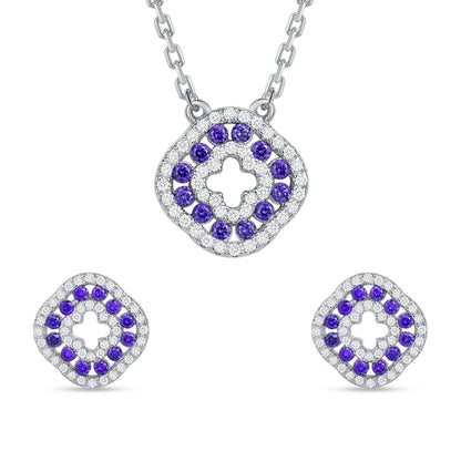 925 Sterling Silver Round Cut Purple &amp; White CZ Alternating Rows Square Clover Pendant &amp; Stud Earrings Jewelry Set