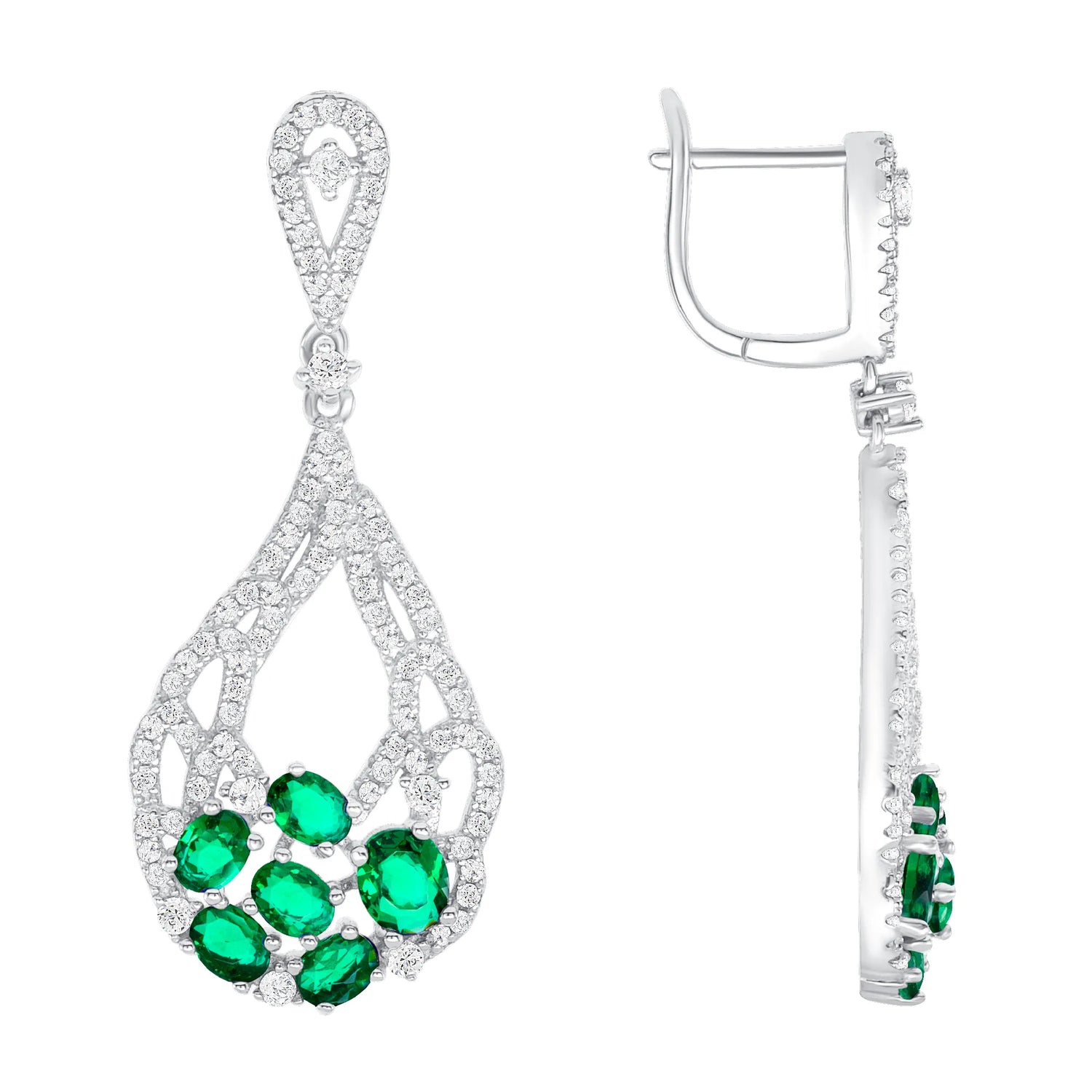 925 Sterling Silver Oval Cut Green CZ with Pavé CZ Bouquet Teardrop Pendant &amp; Earrings Jewelry Set