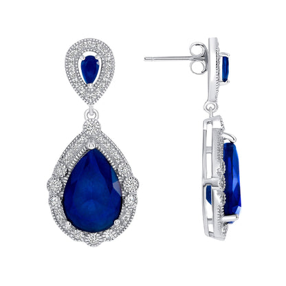 925 Sterling Silver Pear Cut Blue CZ with Round Cut White CZ &amp; Milgrain Vintage Halo Teardrop Pendant &amp; Earrings Jewelry Set