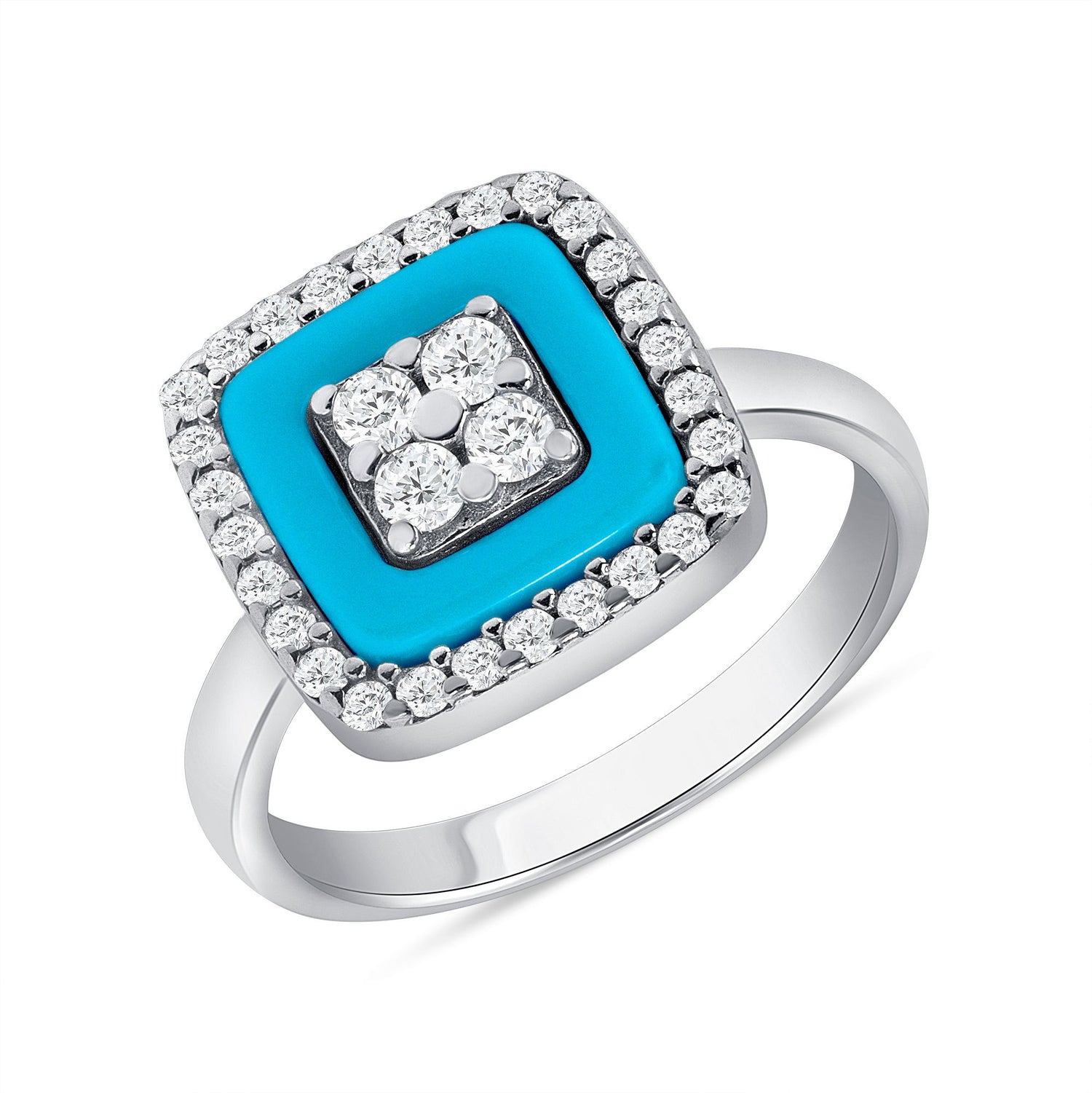 925 Sterling Silver Halo Light Blue Square Shape CZ Fashion Ring