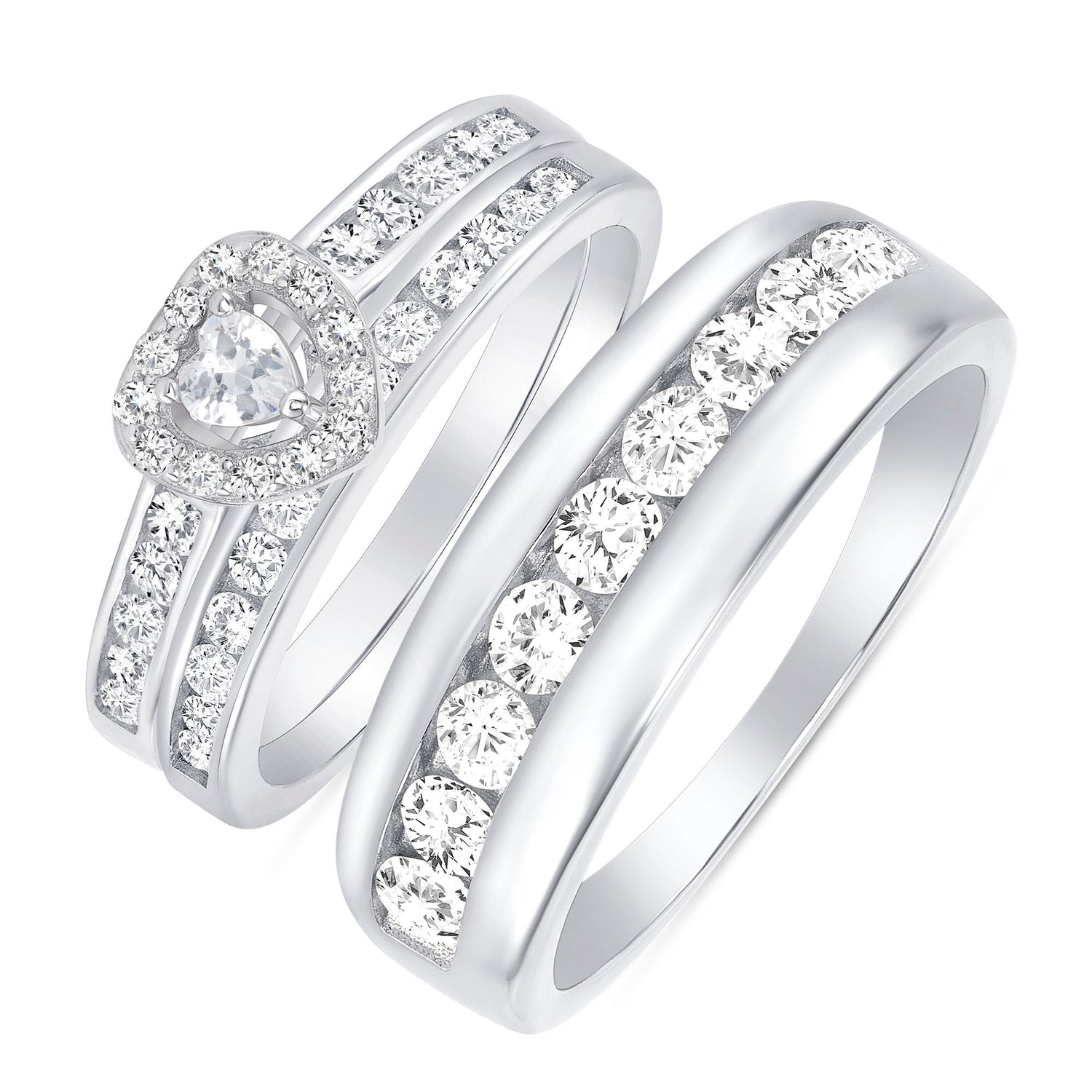 925 Sterling Silver Heart CZ with Halo &amp; Channel Set Band His &amp; Hers Trio Wedding Set