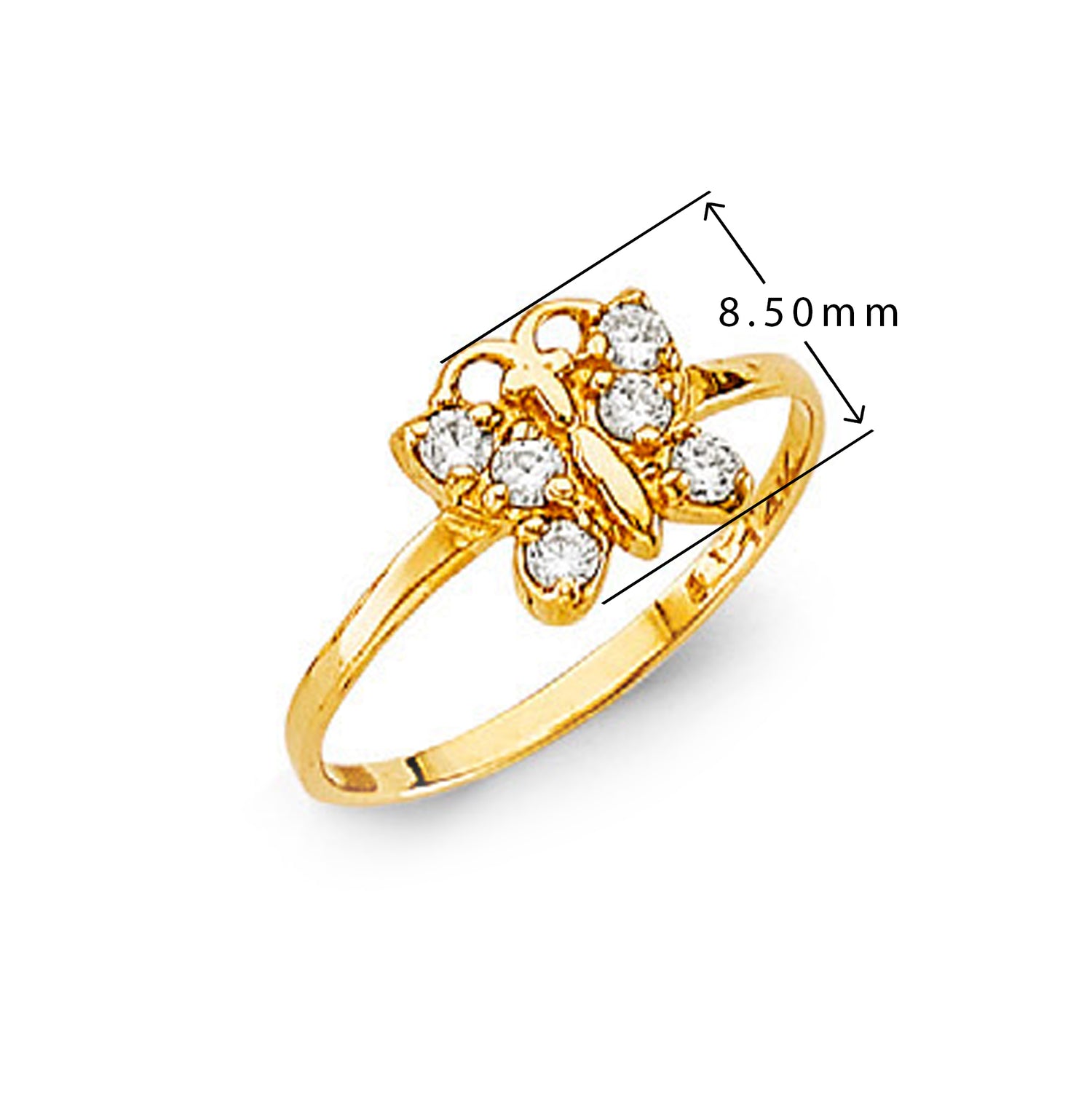 CZ Beautiful Butterfly Ring in Solid Gold with Measurement