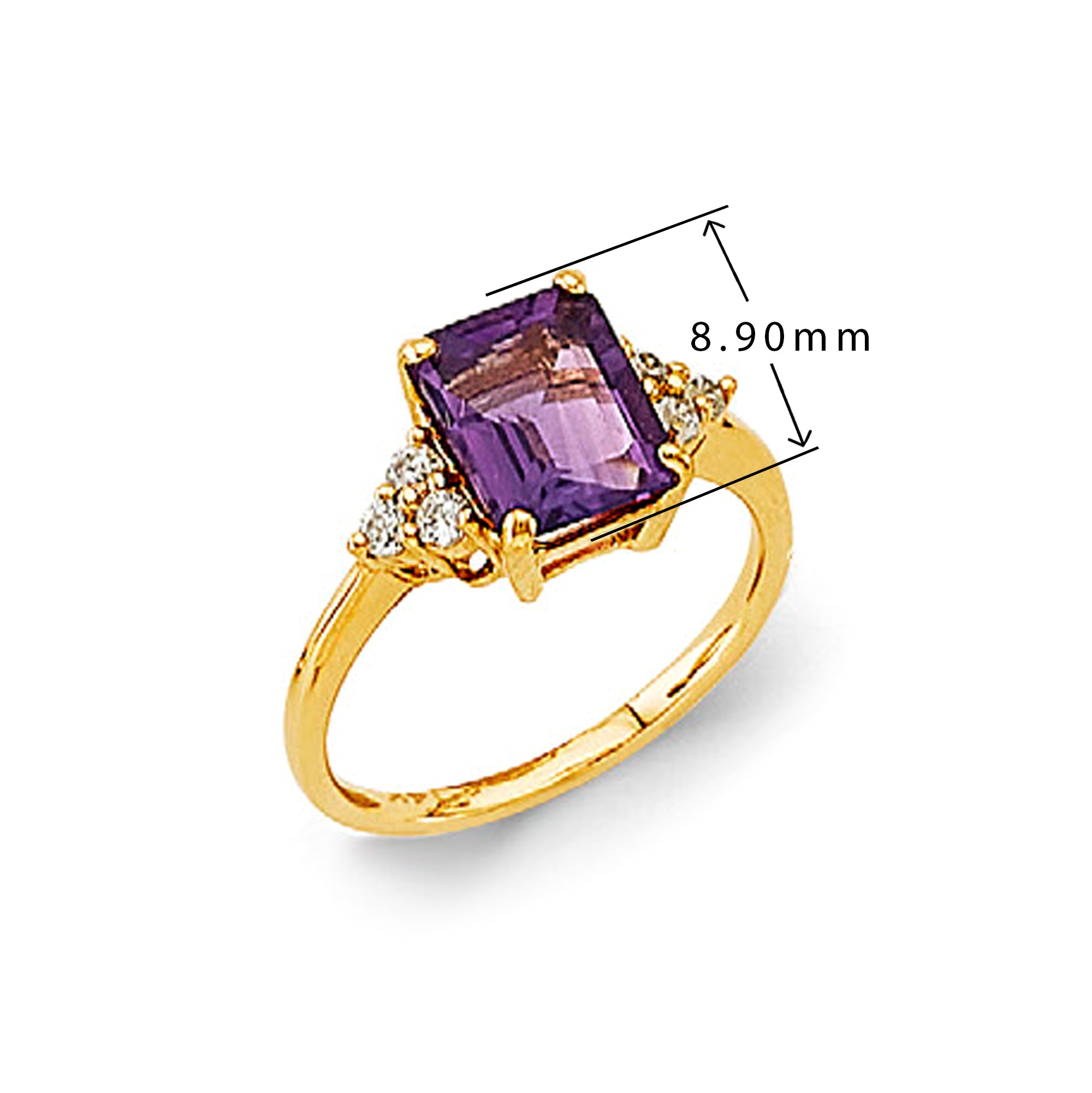 Square Amethyst Ring in Solid Gold with Measurement