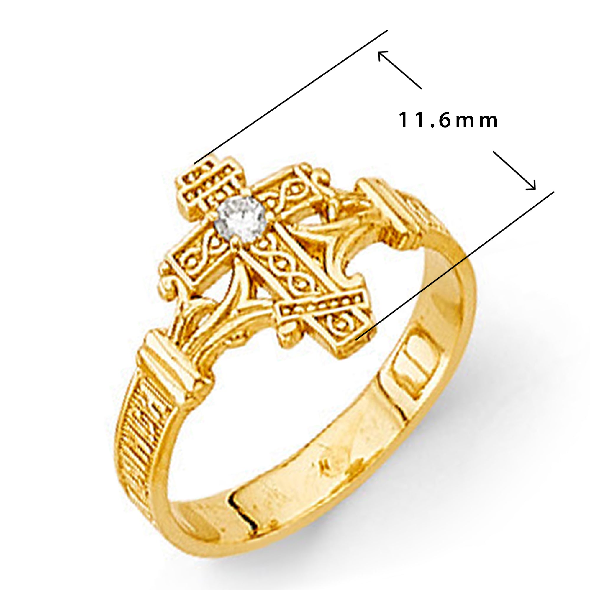 Textured Religious Cross Ring in Solid Gold with Measurement