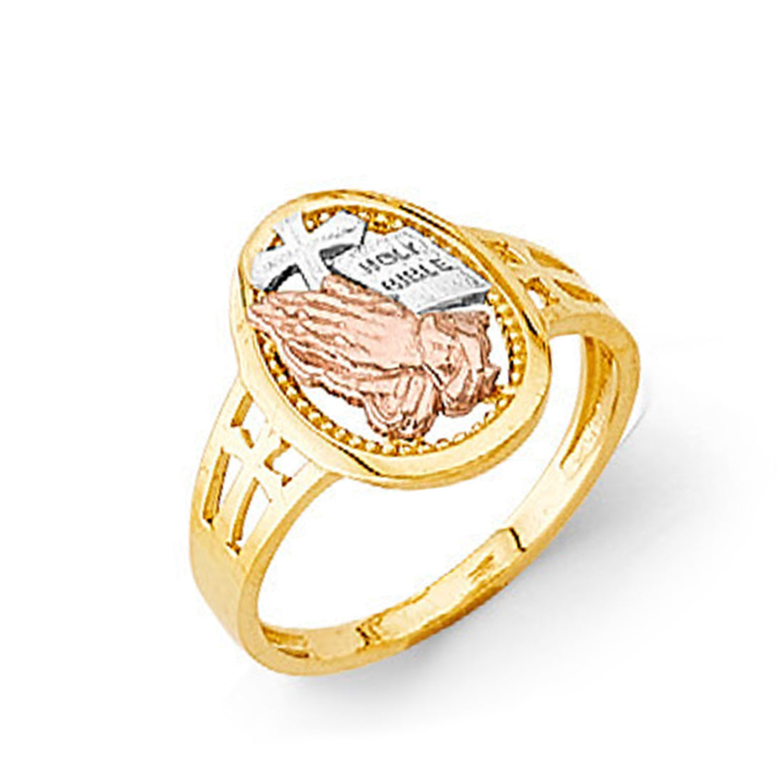 Tricolor Religious Praying Hands Ring in Solid Gold 