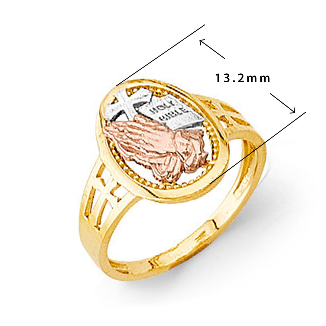 Tricolor Religious Praying Hands Ring in Solid Gold with Measurement