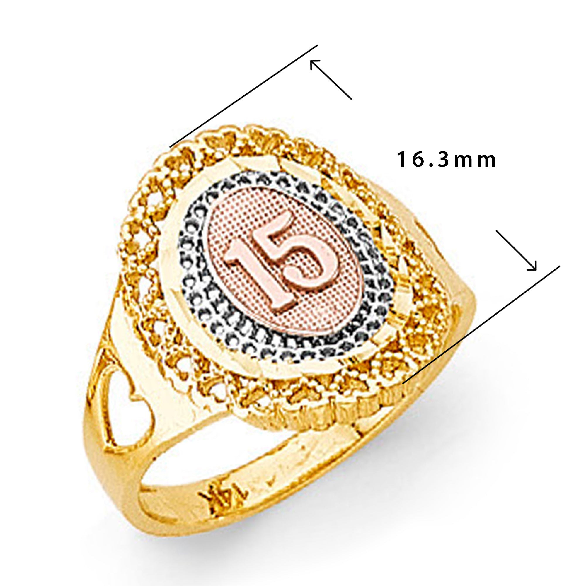 15 Anos Tri-tone Casting Ring in Solid Gold with Measurement