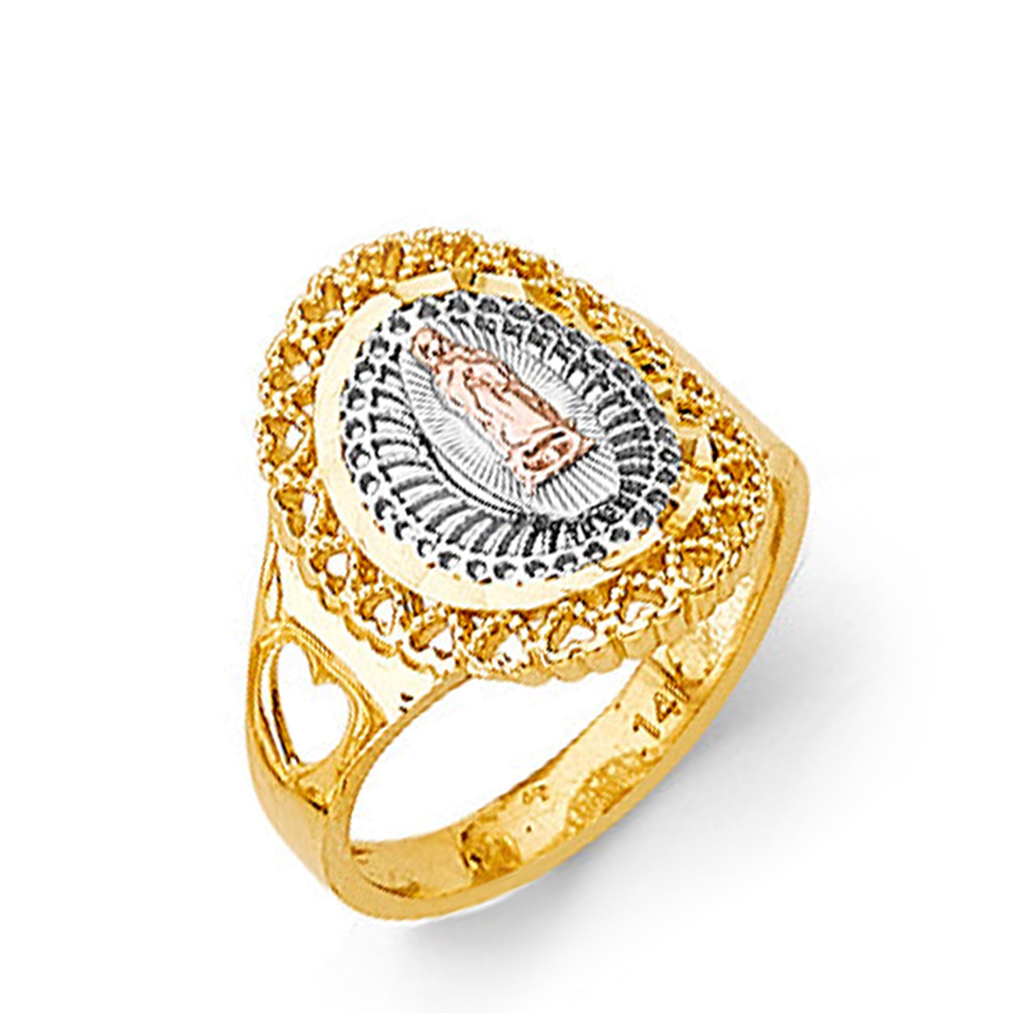 Tri-tone Religious Virgin Mary Ring in Solid Gold 
