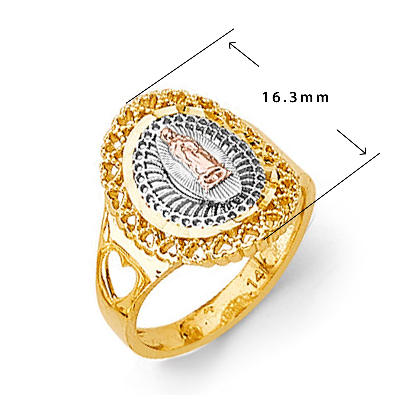 Tri-tone Religious Virgin Mary Ring in Solid Gold with Measurement