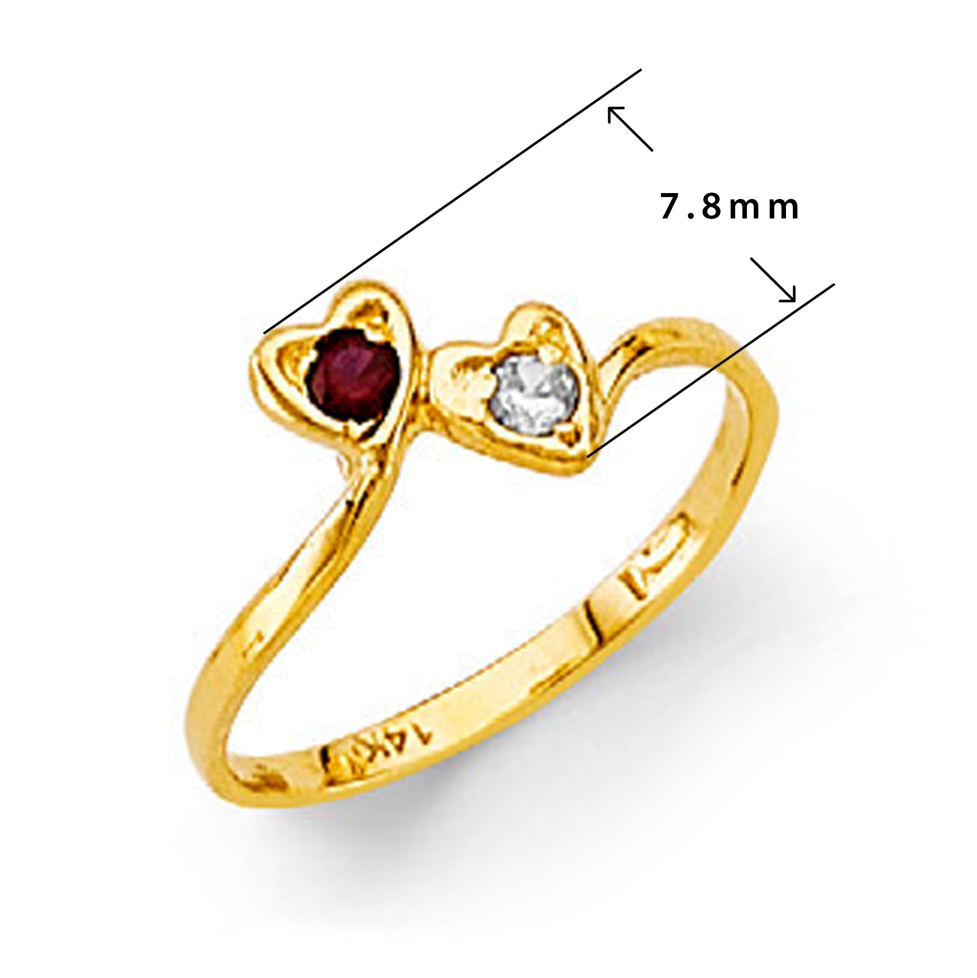 CZ Ruby Dual Heart Forever Ring in Solid Gold with Measurement