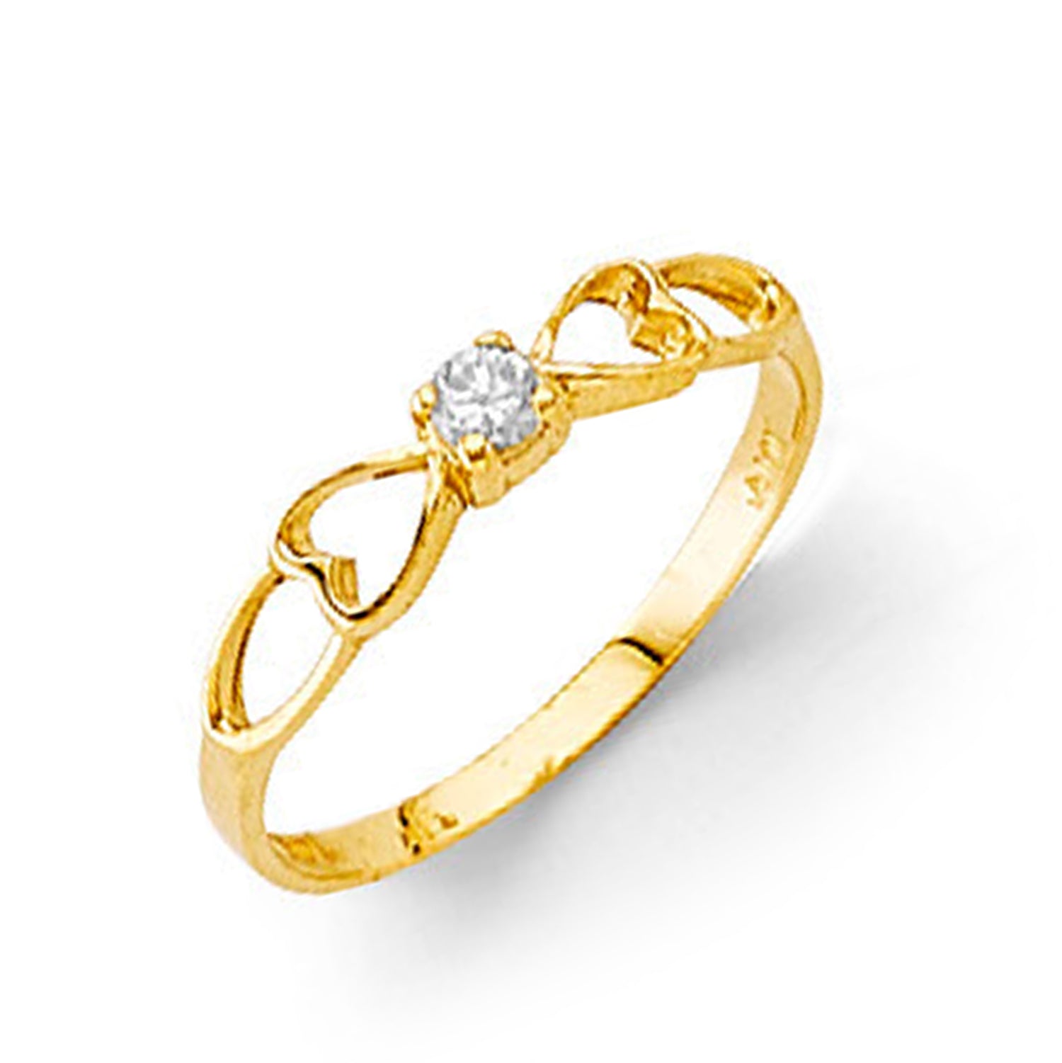 CZ Dual Heart Guarded Solitaire Engagement Ring in Solid Gold 