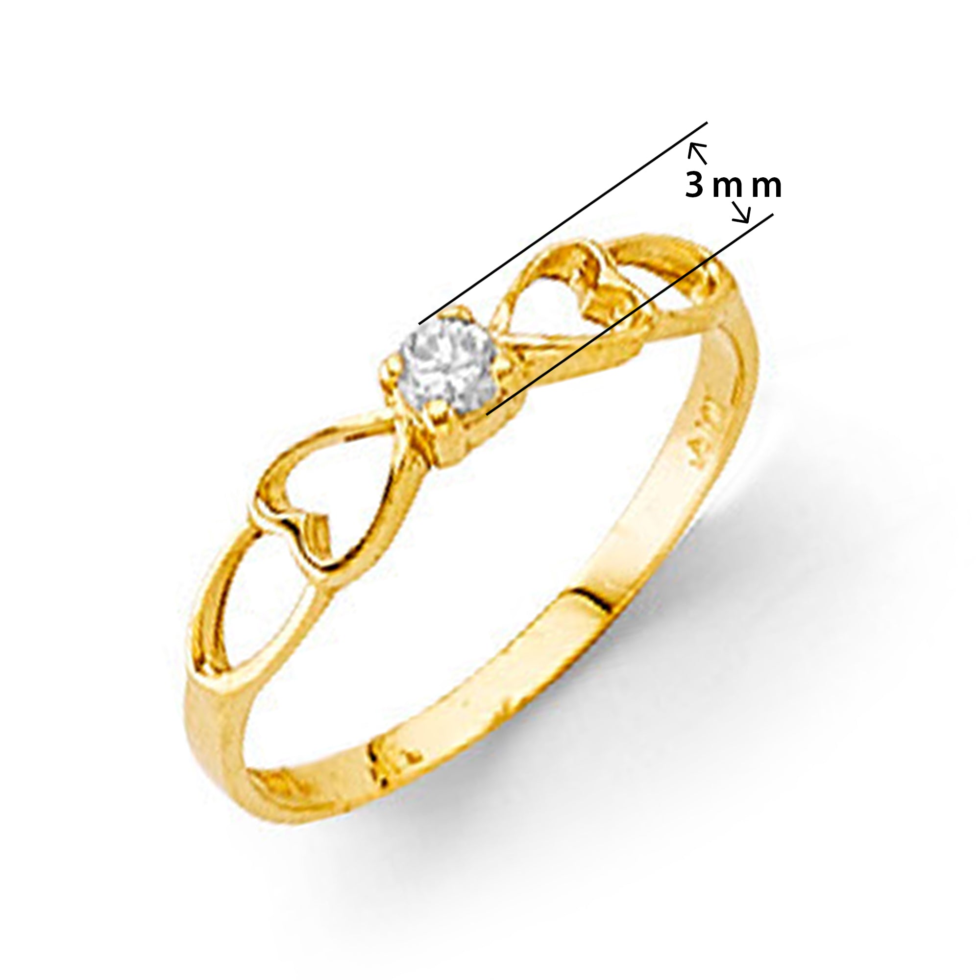 CZ Dual Heart Guarded Solitaire Engagement Ring in Solid Gold with Measurement