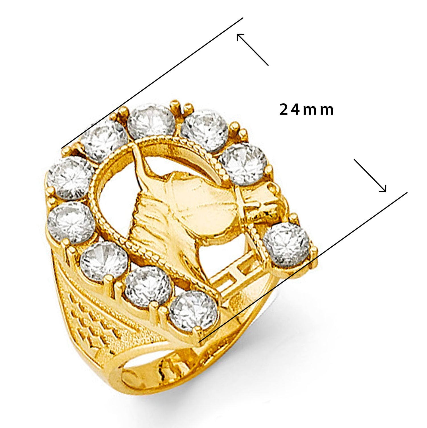 CZ Elegant Lucky Horseshoe Ring in Solid Gold with Measurement