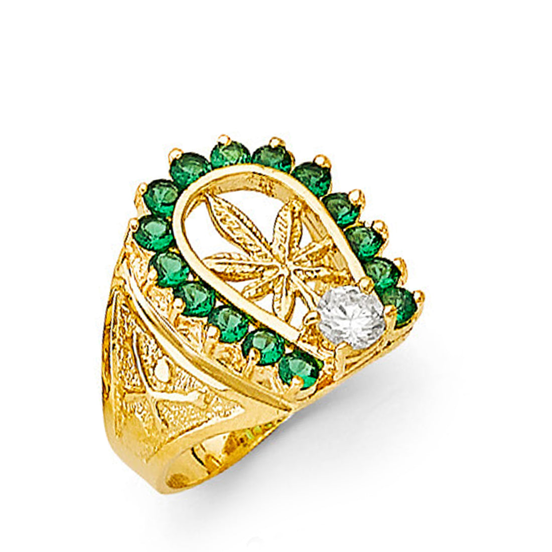 Emerald Horseshoe Marijuana Leaf Ring in Solid Gold 