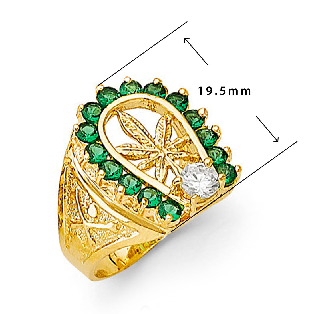 Emerald Horseshoe Marijuana Leaf Ring in Solid Gold with Measurement