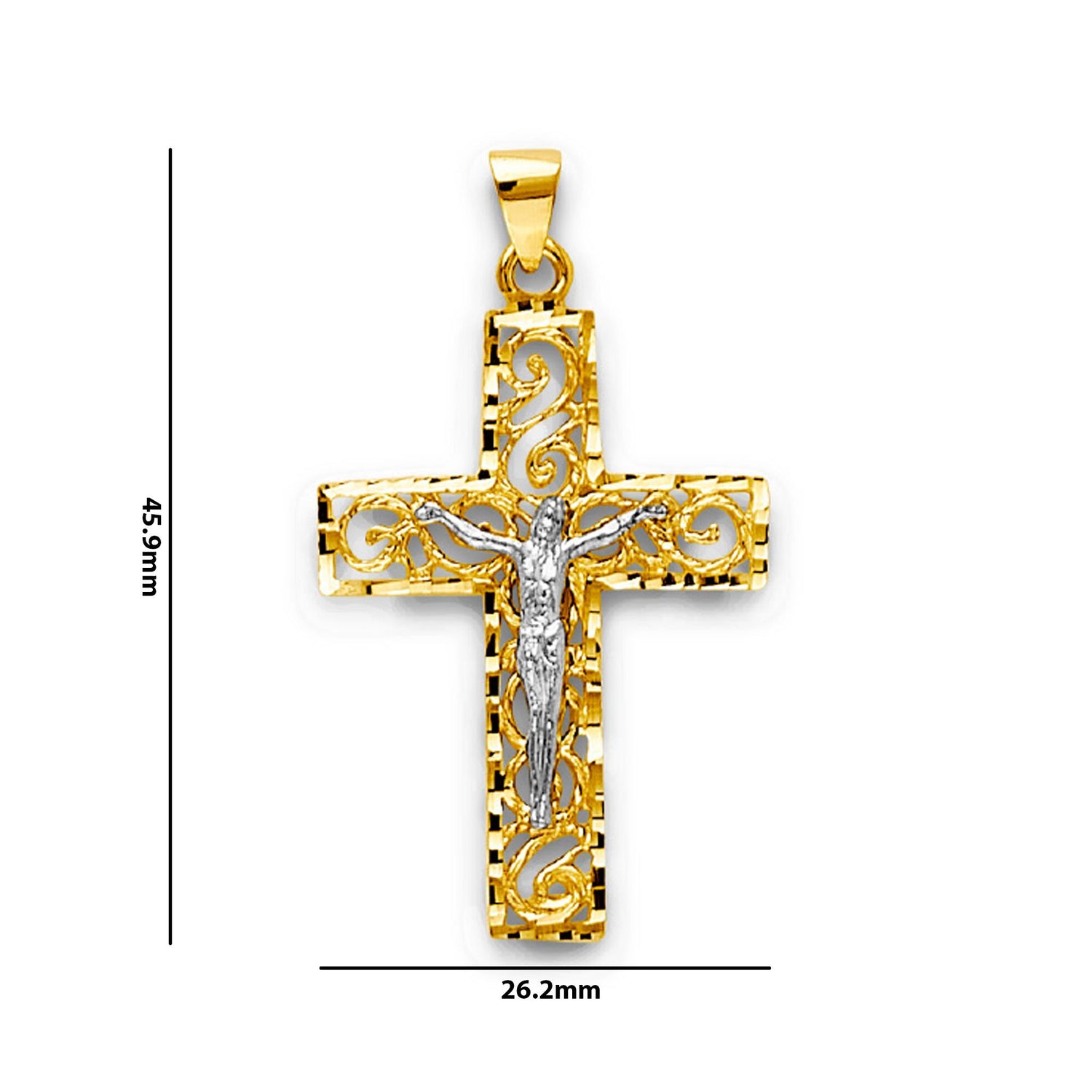 Two Tone Gold Cutout Filigree Diamond Cut Bordered Crucifix Cross Pendant with Measurement