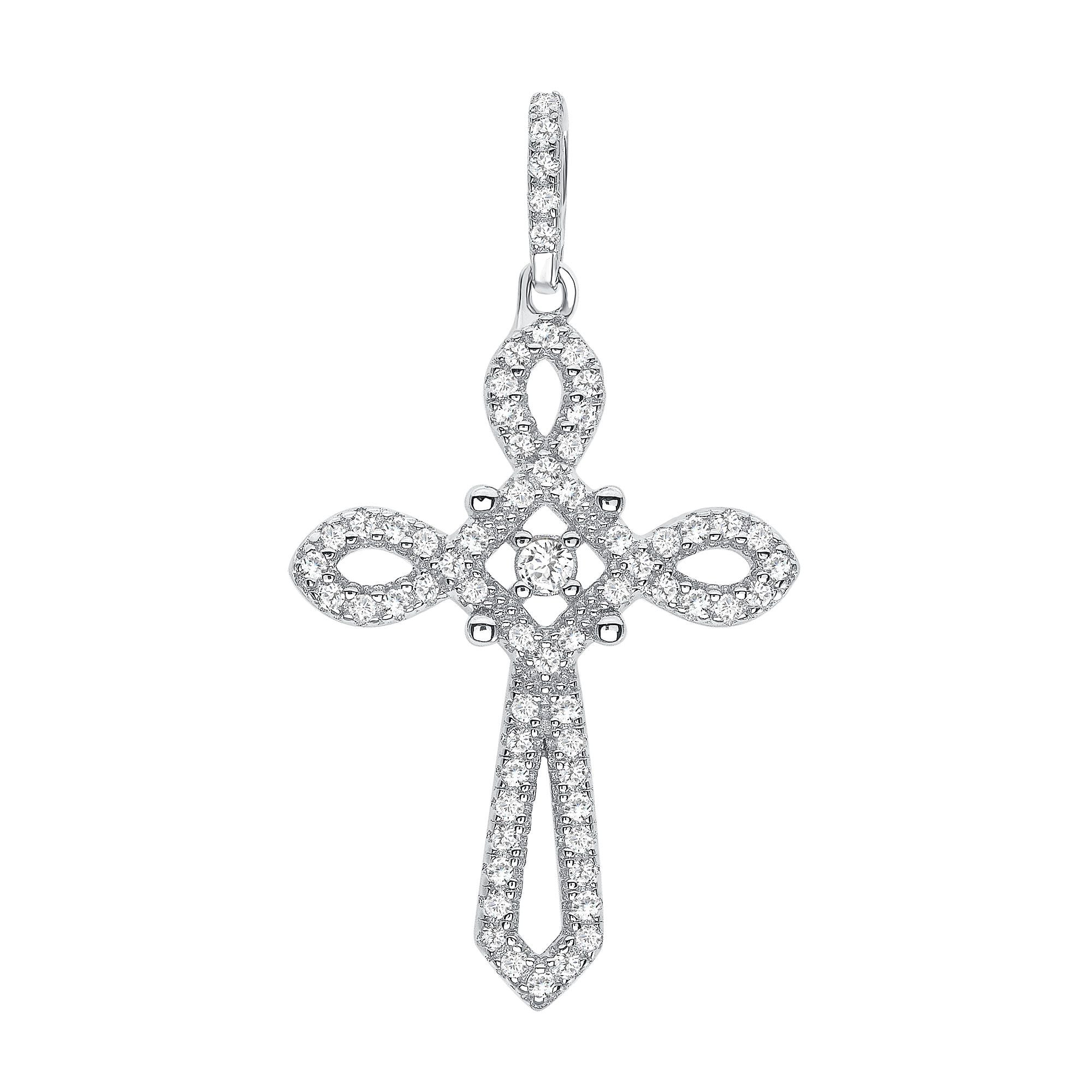 925 Sterling Silver Round Cut CZ &amp; Milgrain Looped Cross Pendant