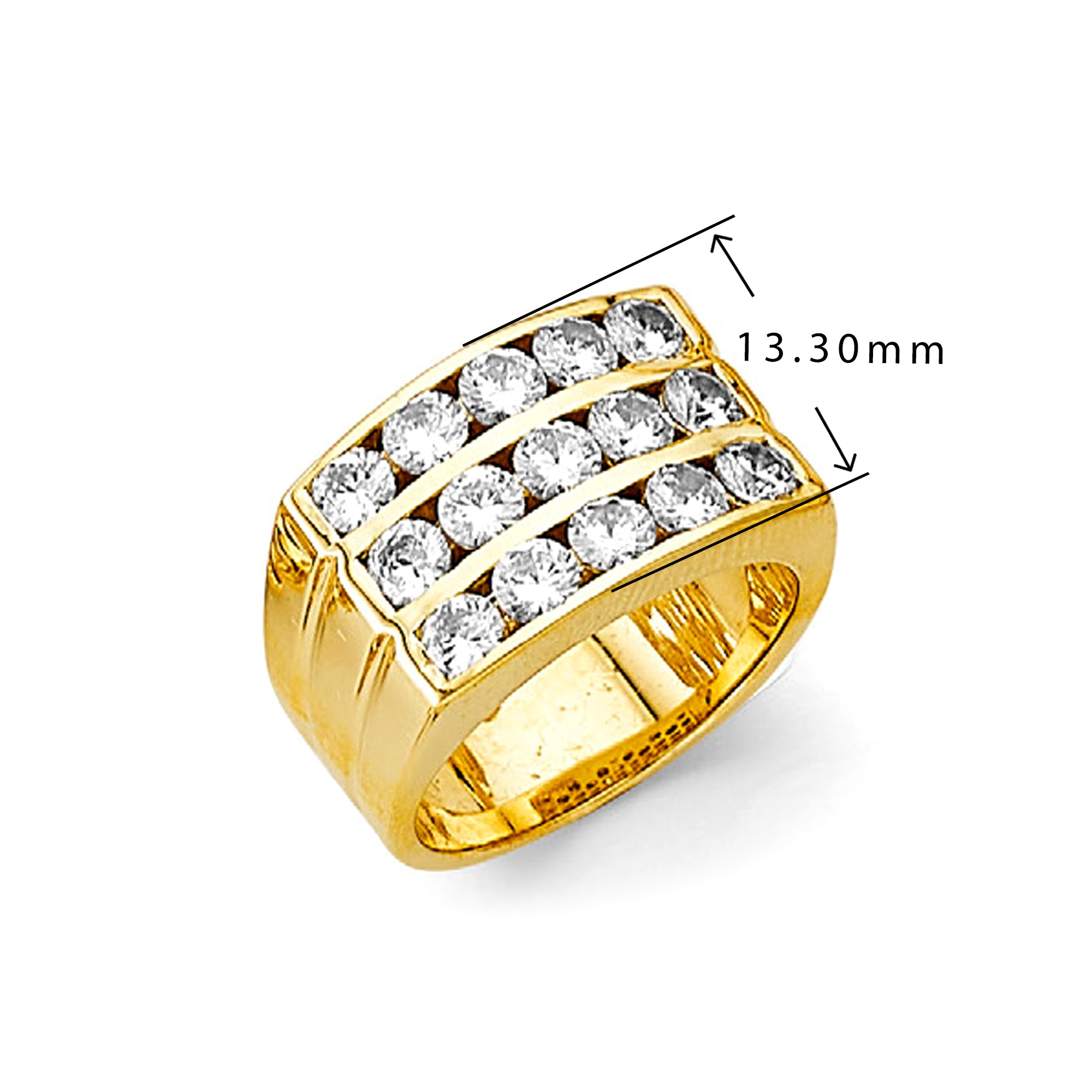 CZ Triple Row Wedding Band in Solid Gold with Measurement