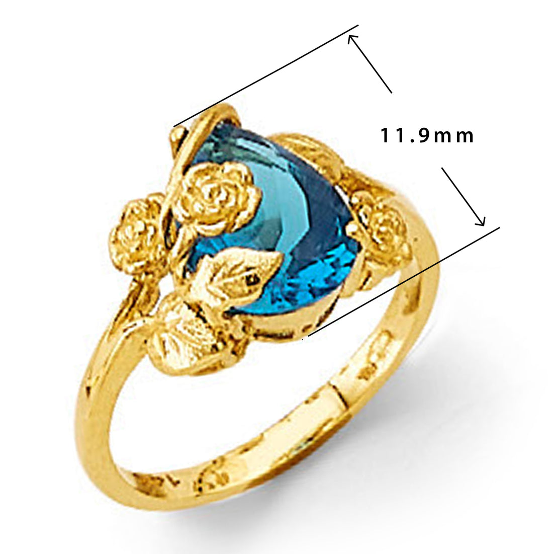 Blue Topaz Floral Ring in Solid Gold with Measurement