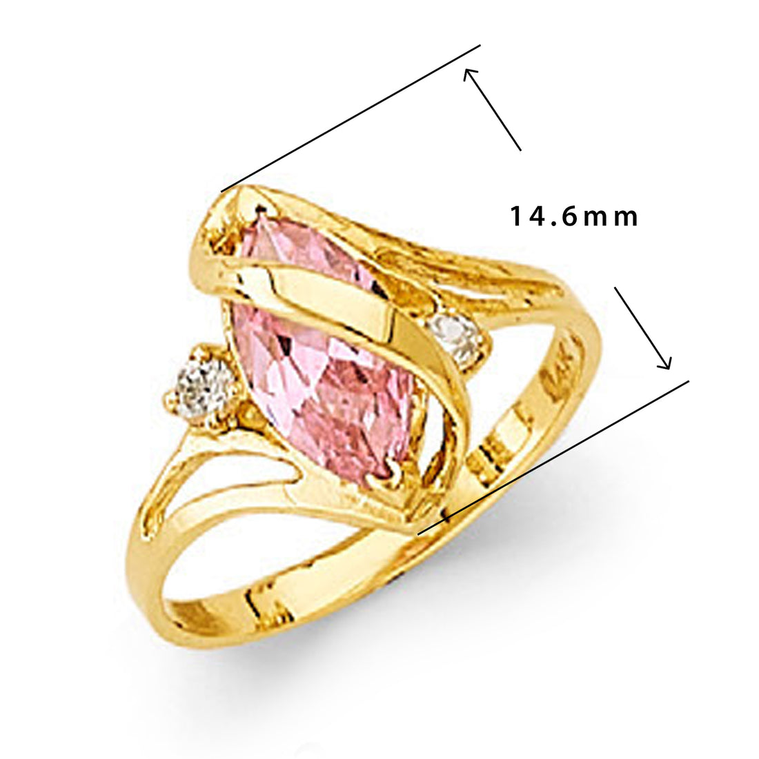 CZ twisted foliage pink tourmaline ring in Solid Gold with Measurement