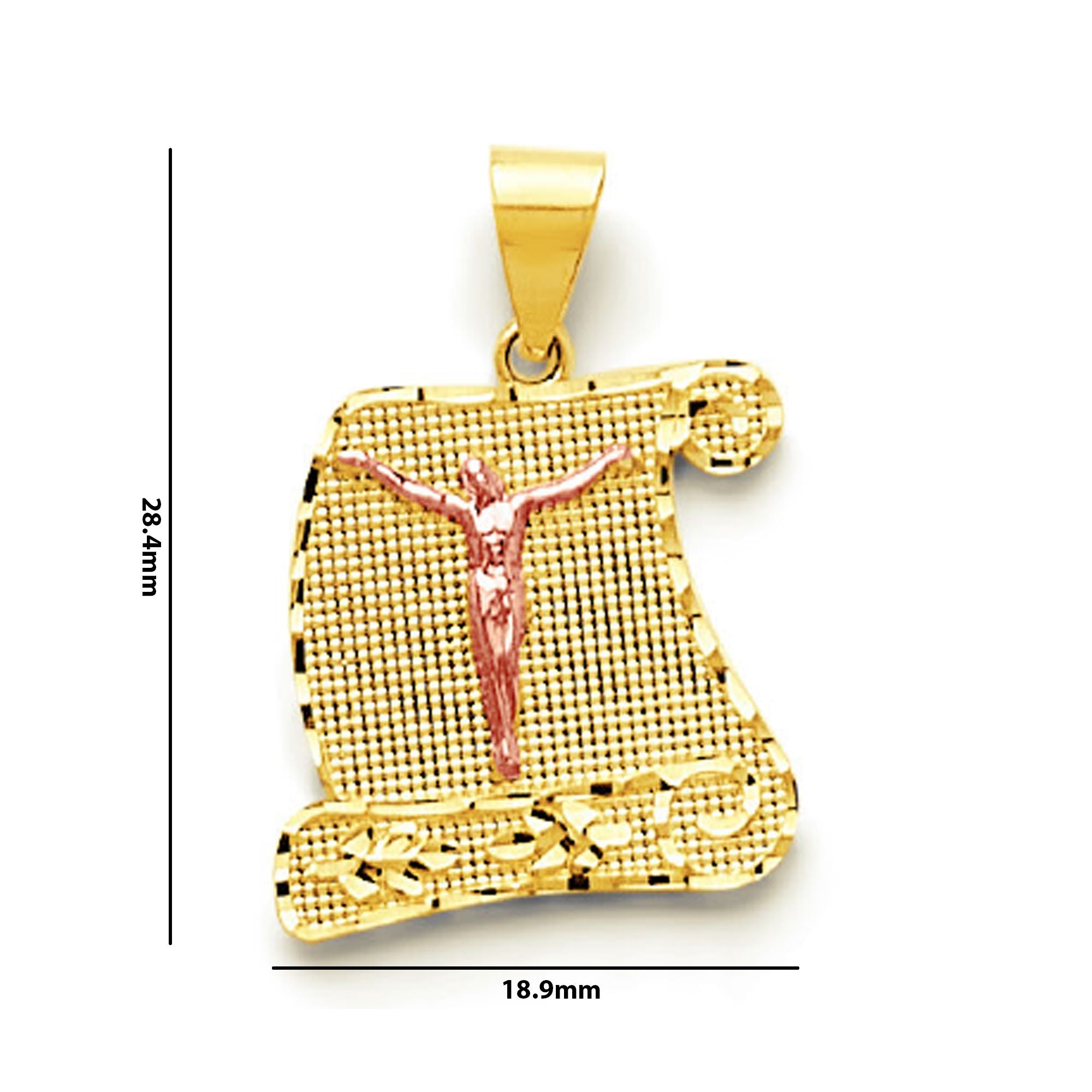 Two Tone Gold Diamond Cut Dotted Textured Crucifix Scroll Pendant with Measurement